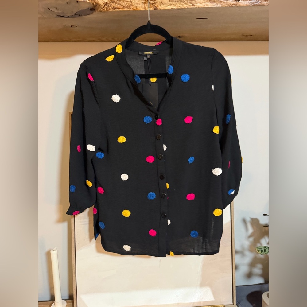 NWT Radzoli Black Button Down Shirt with Embroidered Dots